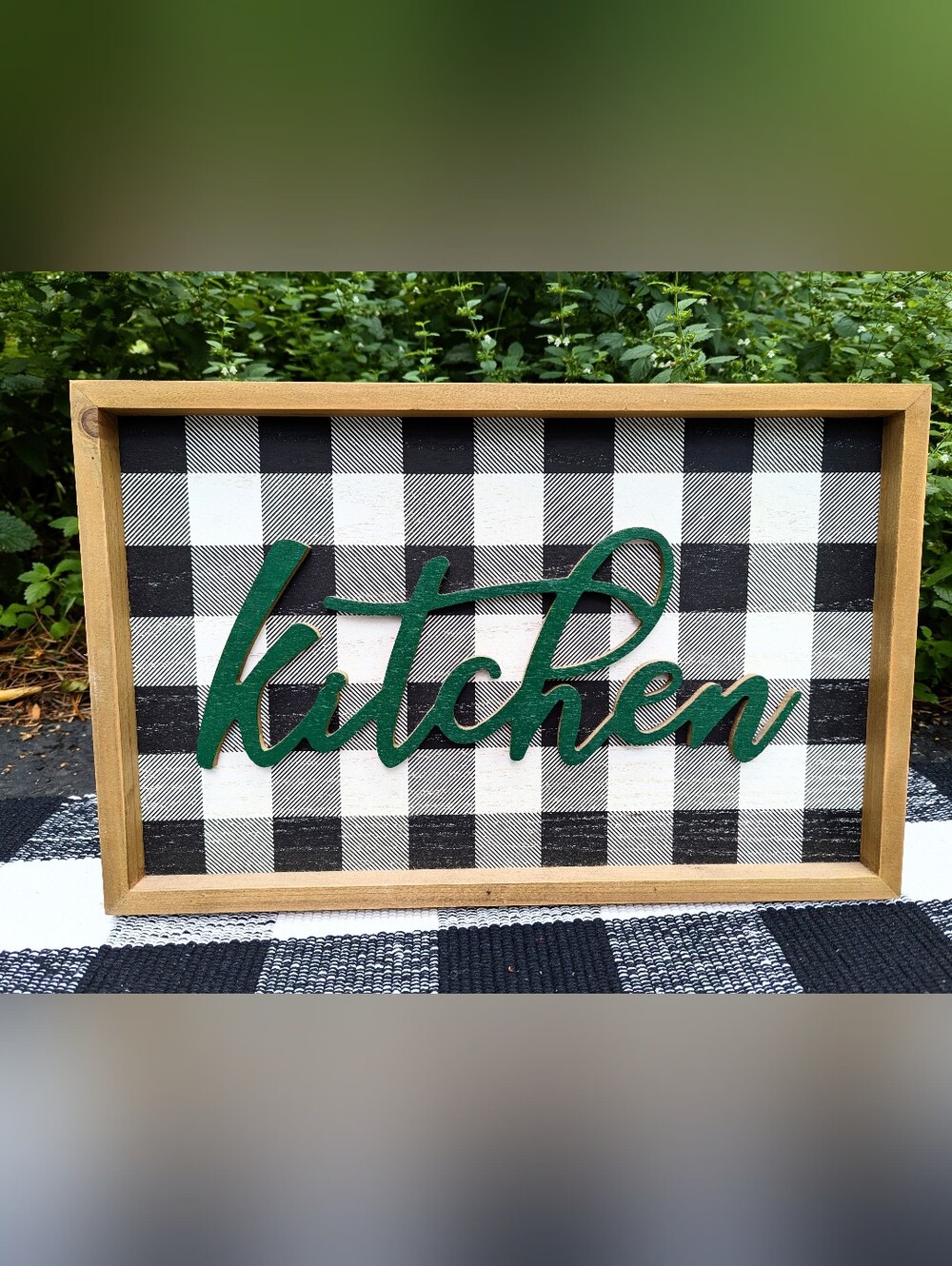 LIKE NEW! Kitchen Wall Sign - Green Script on Black & White Buffalo Check